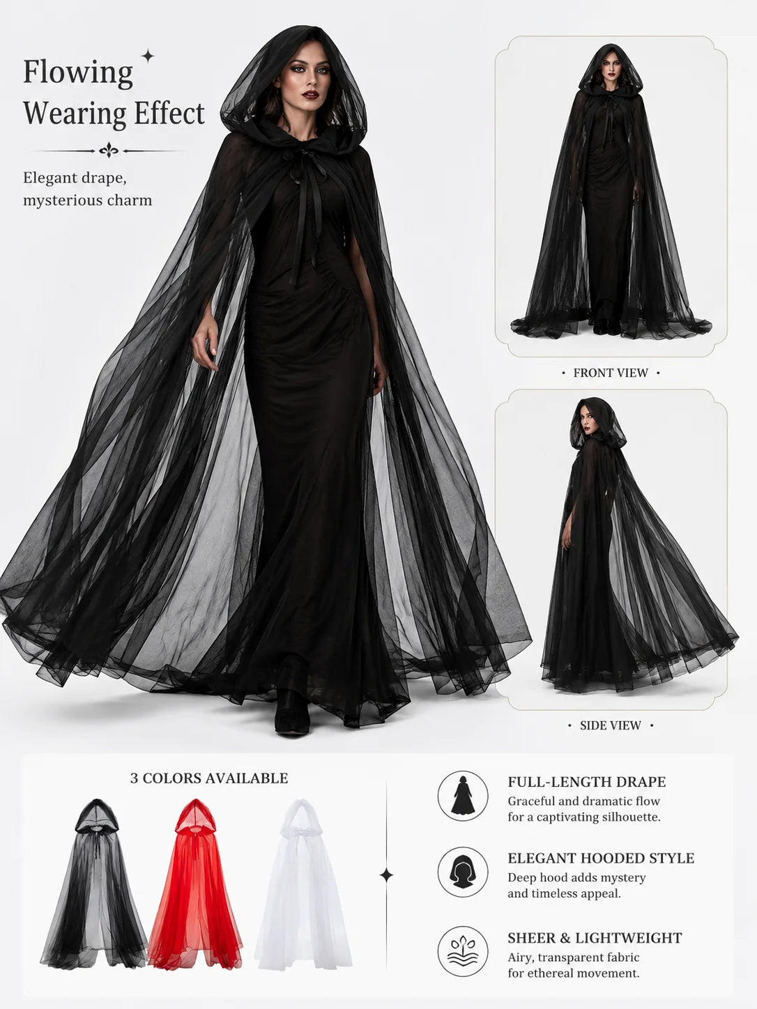 Sheer Tulle Hooded Full‑Length Cape for Women, Lightweight Flowy Gothic Cloak with Neck Tie, Halloween Witch Vampire Cosplay Costume Accessory for Fancy Dress Party Photo Shoot