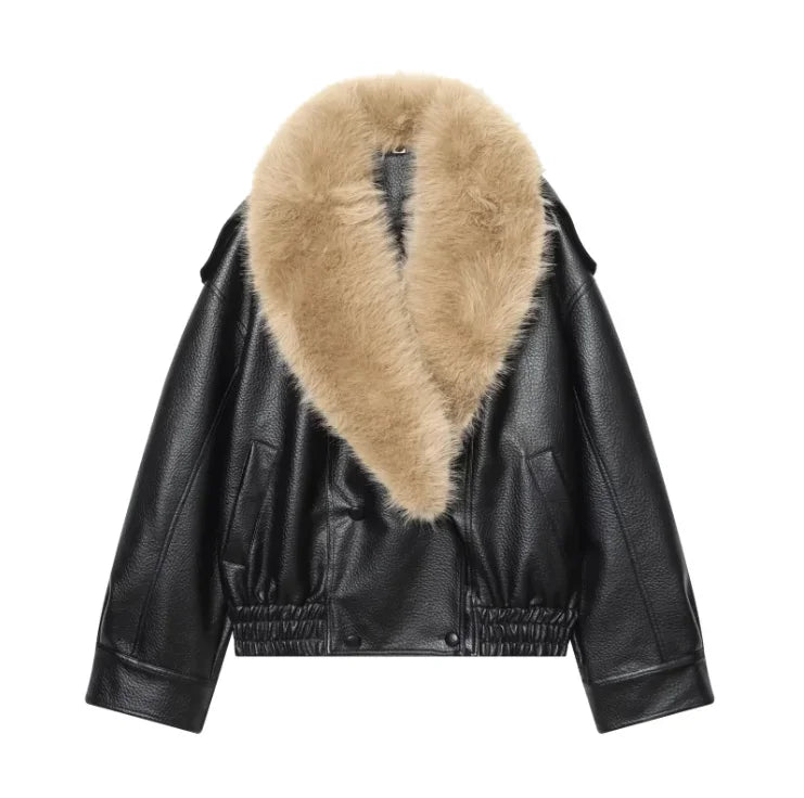Women Collar Faux Fur Leather Jacket Pebbled Pu Cropped Coat Double Breasted Epaulet Loose Vintage  2026 Autumn Trendy Outerwear