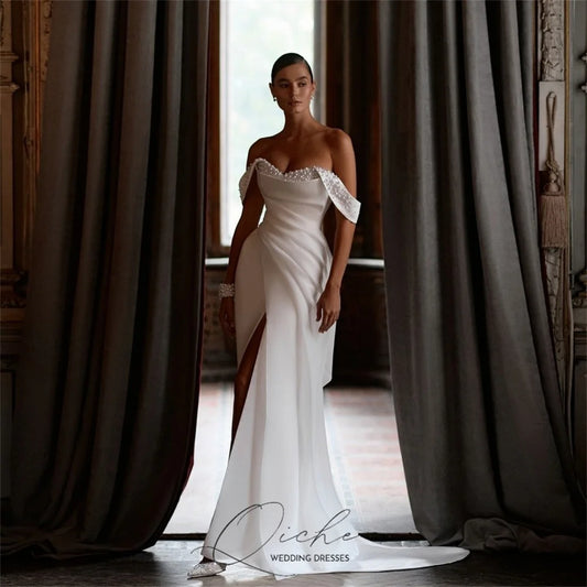 QICHE Modern Beading Pearls Off The Shoulder Mermaid Wedding Dresses High Side Slit Pleat Open Back Vestidos De Novia Customized
