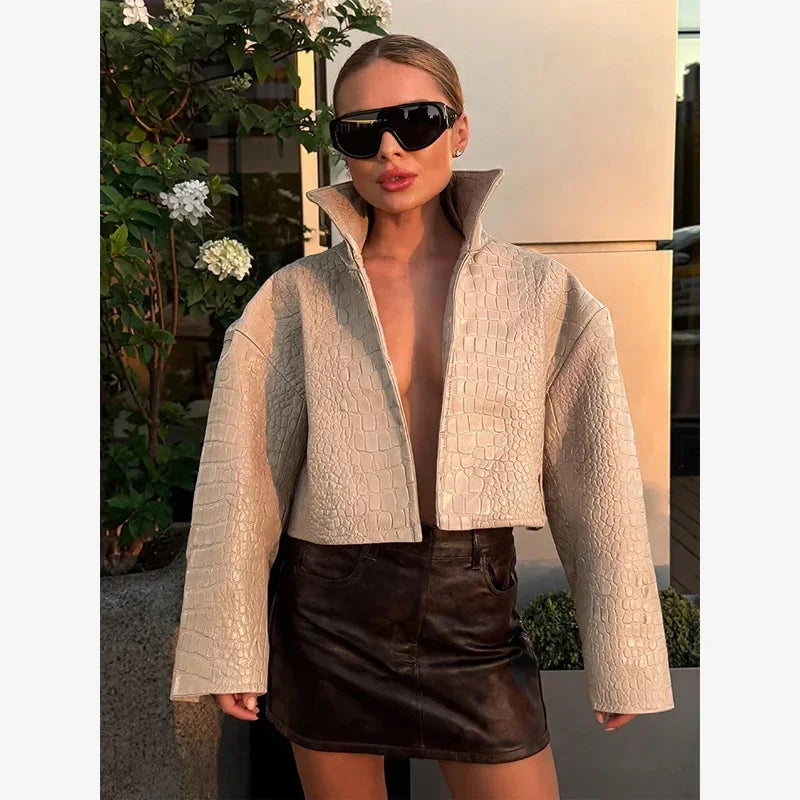 Women Cropped Faux Croc Leather Jacket Loose Solid Fashion Stand Collar Outerwear 2026 Autumn Street Winter Casual Party Coats