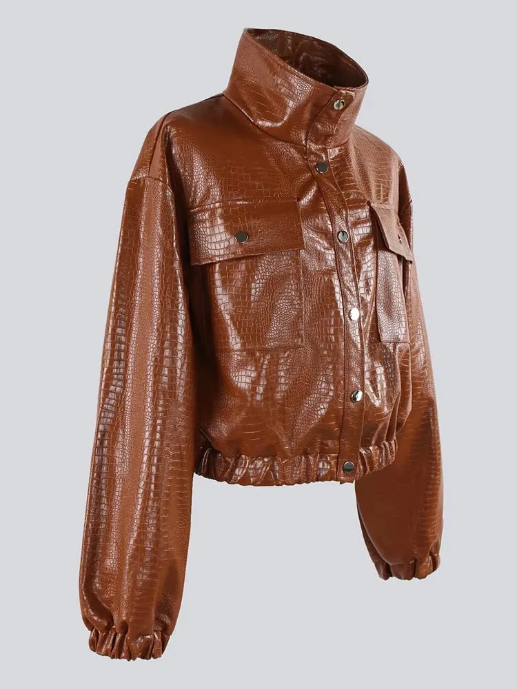 Mauroicardi Spring Autumn Short Black Brown Crocodile Print Faux Leather Jacket Women Stand Collar Button Up Luxury Clothes 2025