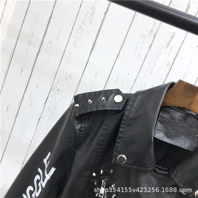 Women's PU Rivet Zipper Jacket, Shoulder Badge, Motorcycle Punk Rock Leather Coat, High Quality, Autumn Purchase
