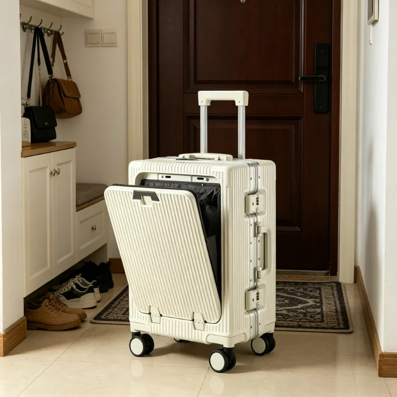 Front Opening Large Capacity Rolling Luggage Case Aluminum Frame ABS+PC Trolley Case Suitcase USB Charging Boarding Case