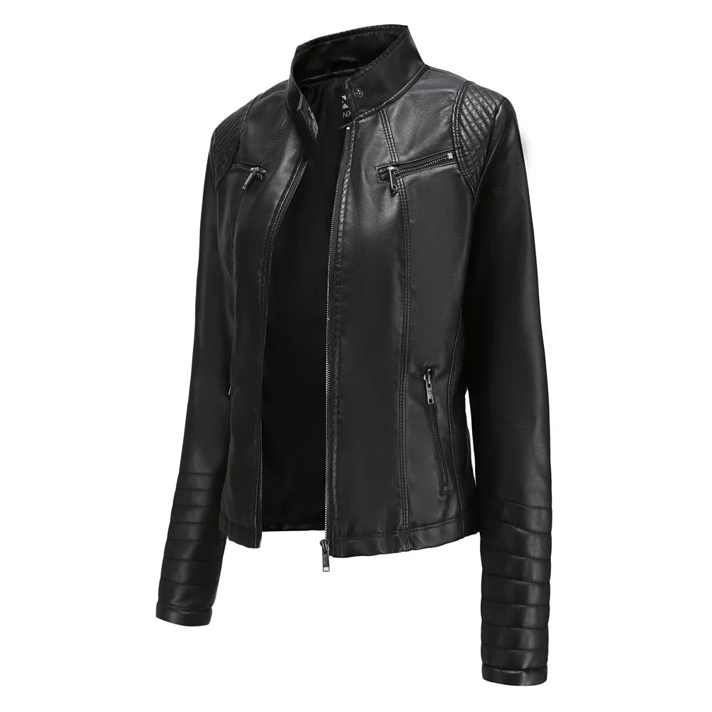 2026 New Women's Slim Leather Jacket, Stand-up Collar, Zipper Stitching, Monochromatic PU Coat, Fashion Clothing.