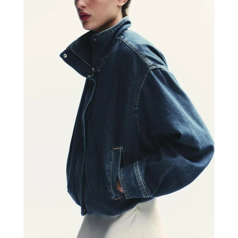 Vintage Washed Denim Zip Up Jacket High Collar Relaxed Fit Slant Pockets Women Streetwear Short Jean Coat Valentine Gift 260602