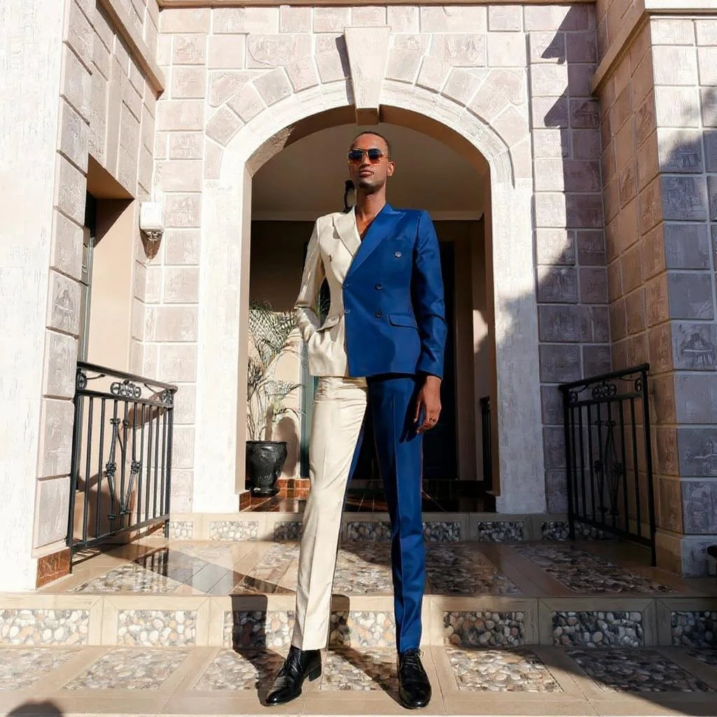 Double Breasted Wedding Men's Suits Tailored Made 2 Pieces Groom Tuxedo Slim Fit Blazer Pants Peaked Lapel Spliced Suit