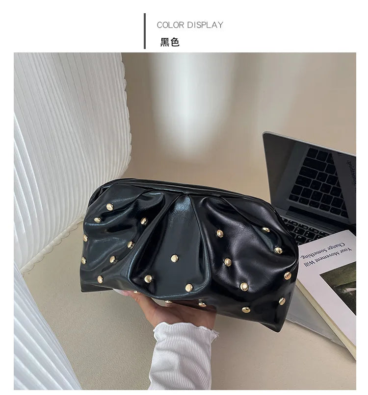 Simple Versatile Clip Evening Handbags for Women Solid Color Rivet Pleated Design Ladies Clutch Female Soft Pu Leather Purse