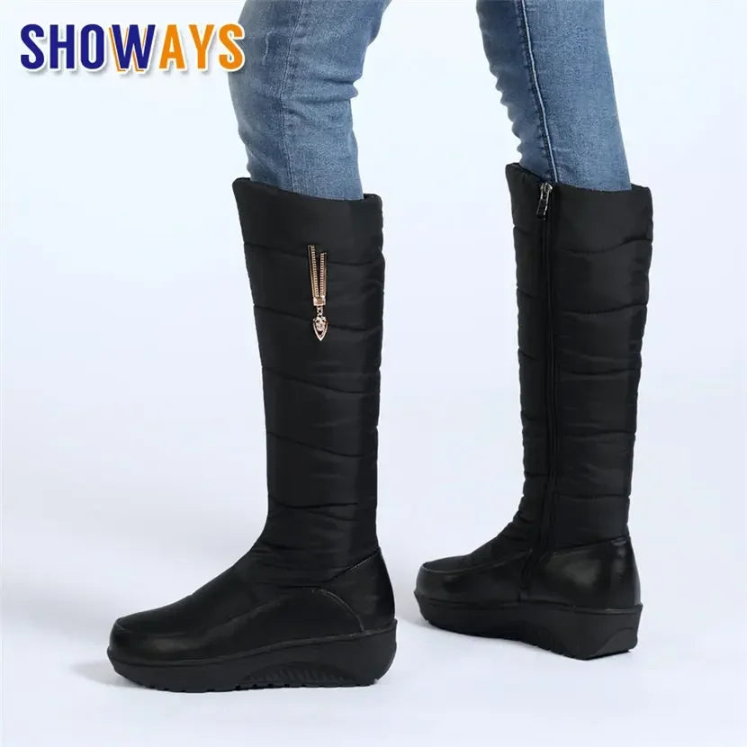 Women Warm Fur Mid-calf Snow Boots Round Toe Red Black Down Crystal Dec Party Travel Lady Wedge Platform Winter Plush Half Boots