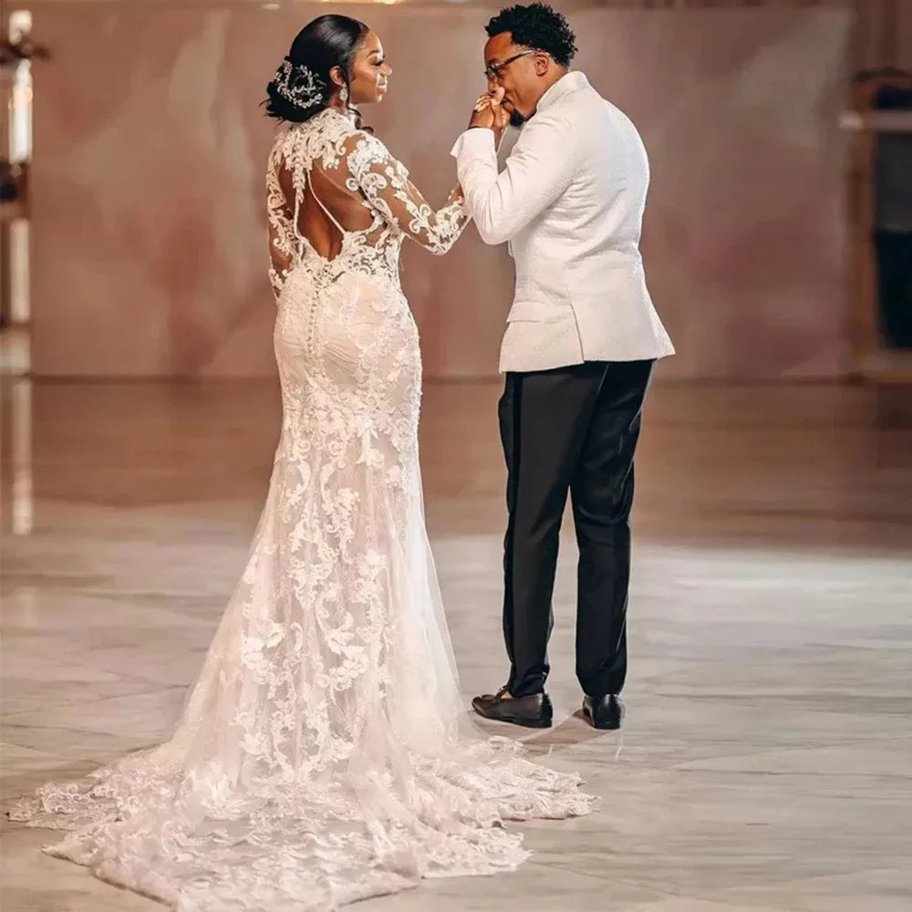 African High Ncek Mermaid Wedding Dresses With Long Sleeves Applique Detachable Train Luxury Bridal Gown Elegant Robe de mariage