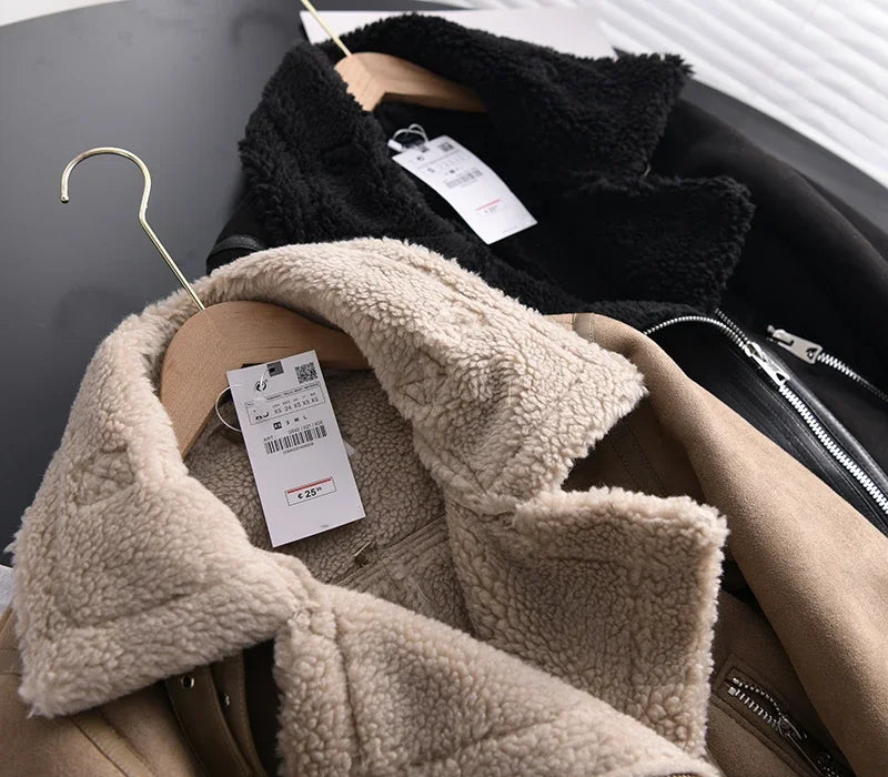 Winter Women Thick Warm Suede Lamb Jacket Short Motorcycle Brown Coats Faux Shearling Sheepskin Leather Jackets Outwear