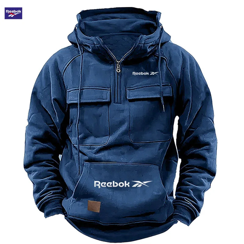 Reebok New Autumn-Winter Men's Hooded Sweatshirt, Solid Color Casual Fashion Design, Multi-Pocket Patchwork Hoodie, Men's Sweats