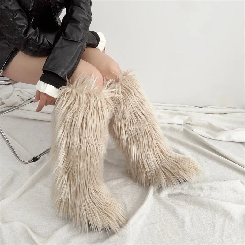 Hot Sale Ins Fashion Long Women Furry Boots Winter Knee Length Keep Warm Ladies Snow Boots