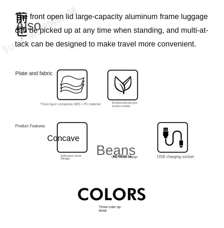 New 20'' Boarding Box Front Opening Suitcase Aluminium Frame 24/27 inch Rolling Luggage with Cup Holder Mobile Phone Holder