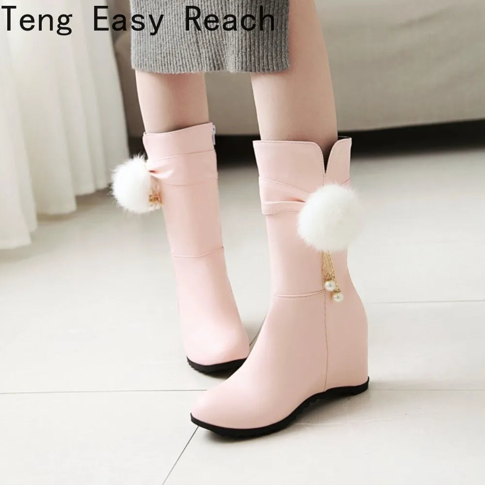 Women Snow Boots Autumn Winter Keep Warm Fur Wedges Increasing Faux Suede Round Toe White Princess Boots New 2026