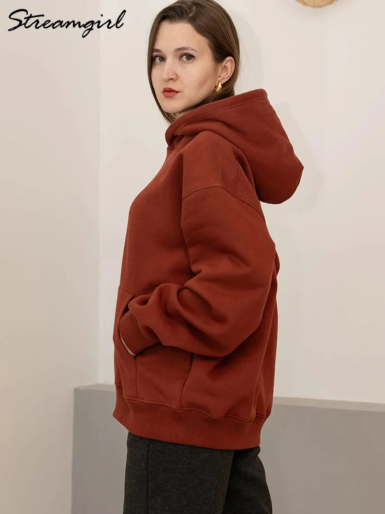 Winter Warm Hoodies Oversized For Women With Fleece Inside Yellow Thick Sweatshirts With Hooded Women Pink Hoodies Velvet Winter