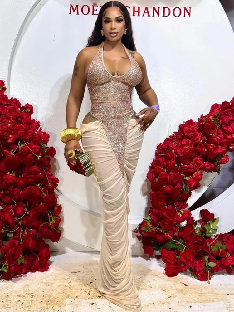 Sexy Glitter Sequins Party Evening Dresses Women Luxury Celebrity Sheer Mesh Patchwork Cut Out Formal Ruched Bodycon Maxi Dress