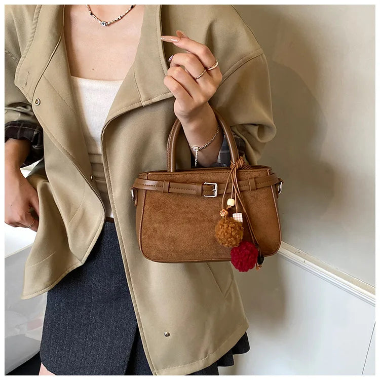 Retro Faux Suede Women's Handbag Fashionable Small Square Bag 2025 Winter Simple Short Handle Single Shoulder Crossbody Bag