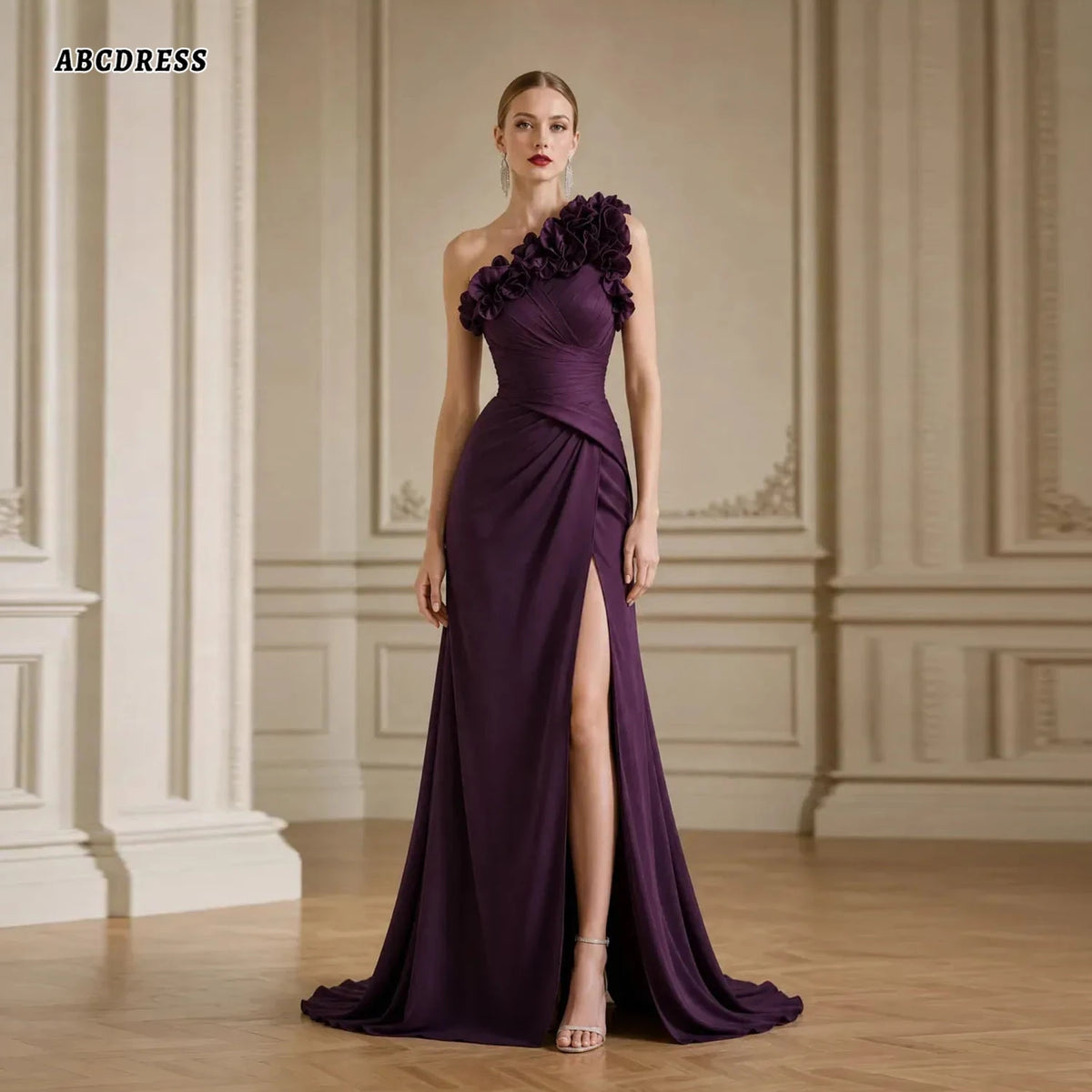 Customized One‑Shoulder Dark Purple Formal Evening Gown 3D Floral Applique Prom Party Dress Sweep Train Wedding Guest Dresses