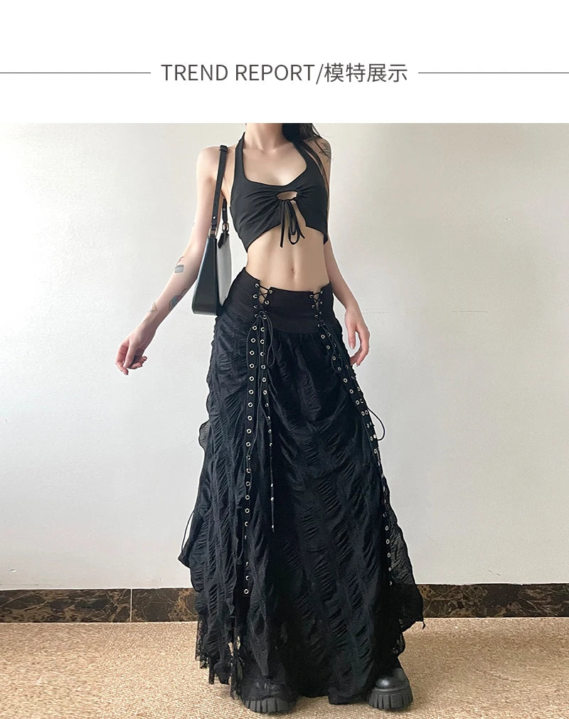Gothic Long Skirt Bandage Lace Mesh Patchwork High Waist A Line Drawstring Split Black Skirt Irregular Aesthetic Female Fashion