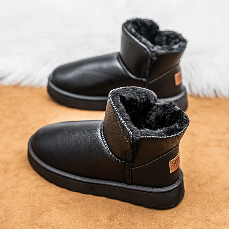 Couple Style Men's and Women's High-Top Leather Waterproof Snow Boots Plus Velvet Warm Boots and Cotton Shoes