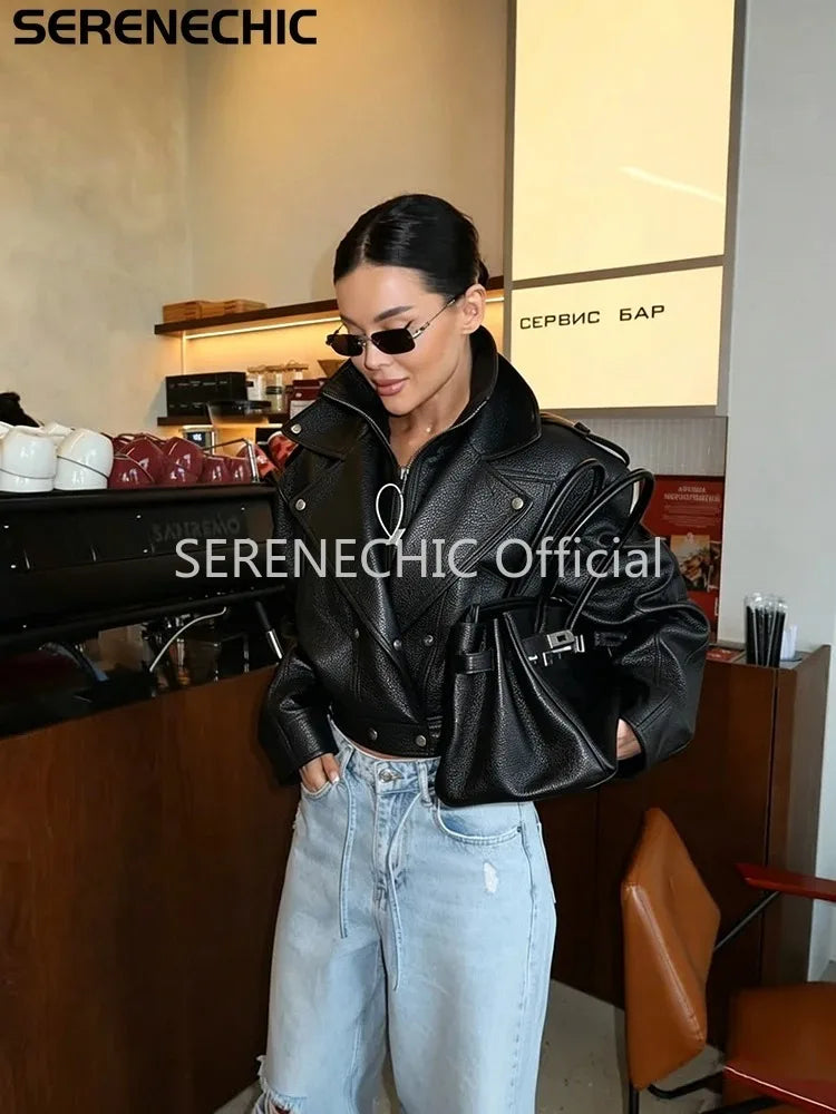 SERENECHIC Women's Black Faux Leather Cropped Moto Jacket Asymmetric Zip PU Biker Coat Female New Autumn Vintage Punk Outerwear