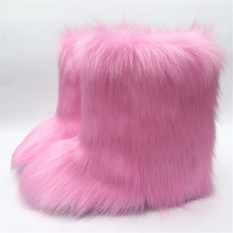 Cute High Quality Faux Raccoon Fox Fur Shibuya Gal Thickened Plus Size Mid-Calf Faux Fur Warm Winter Snow Boots for Women