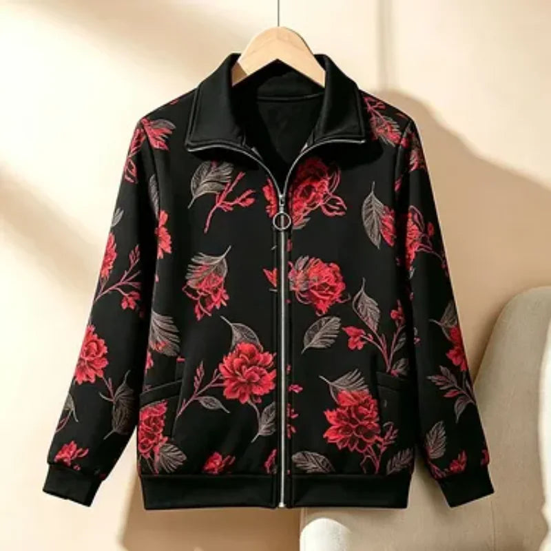 Womens Mom Floral Print Zip Up Jacket Lapel Collar Casual Loose Outerwear For Middle Aged Ladies