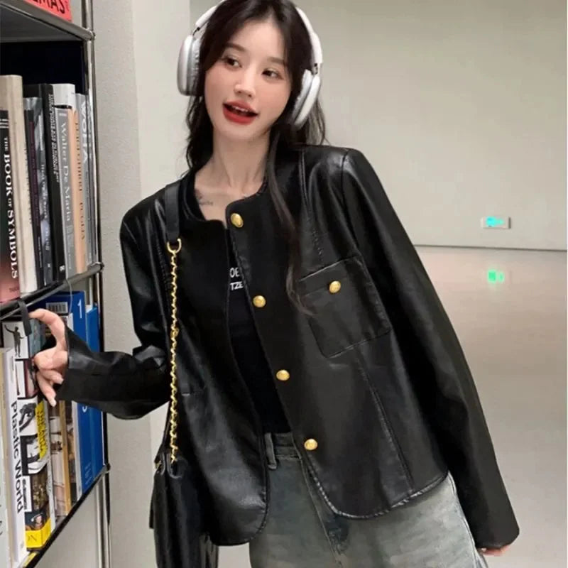 Small Fragrance Leather Jacket Women's Spring Autumn 2026New PU Leather Coat Lady Short High Sense Outerwear Popular Female Tops