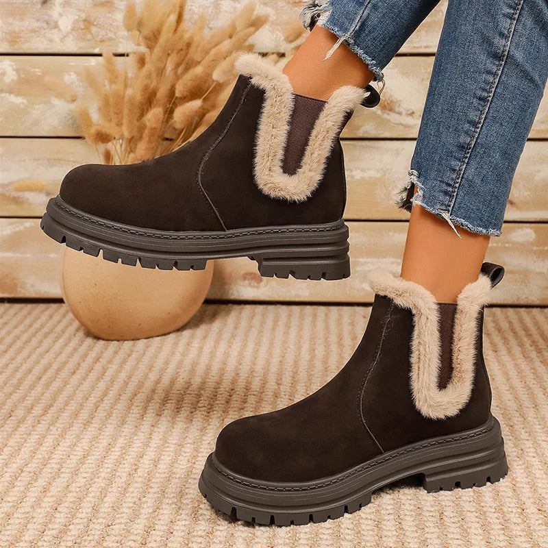 Thick Sole Fur Winter Ankle Boots Women 2026 Slip On Non Slip Plush Short Booties Mujer Plus Size 43 Platform Suede Boots Female