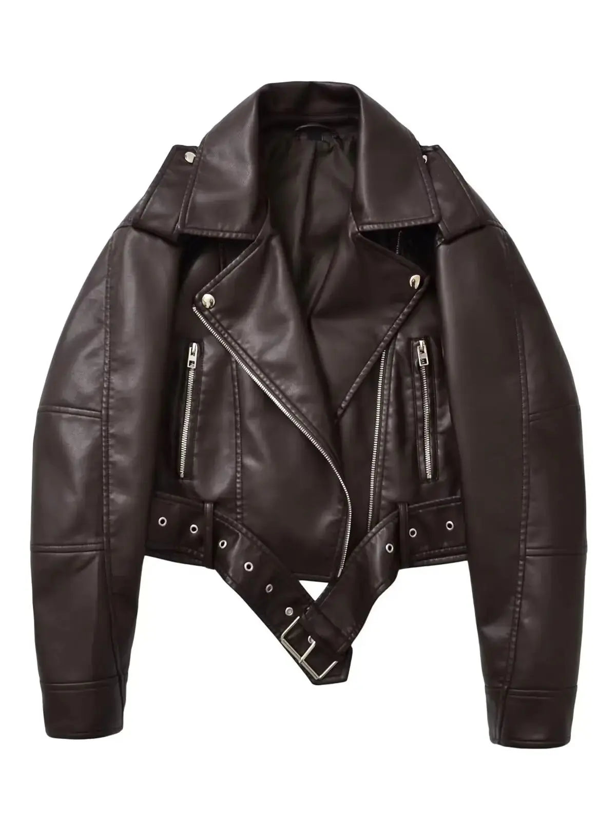 Women Autumn Winter Loose Gray PU Faux Leather Short Jackets Belt Female High Street Zipper Retro Moto Biker Coats Outwear XS-XL