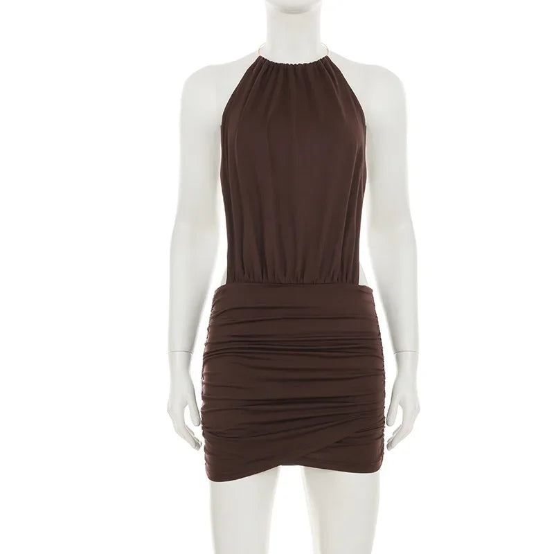 Metal Ring Halter Ruched Bodycon Mini Dress Women 2025 Summer Sleeveless Lace Up Backless Hipster Slim Party Clubwear Vestidos