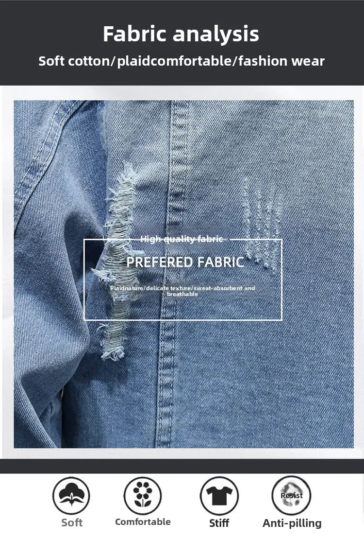 QICHE New Spring Autumn Men Light Blue Slim Denim Jacket Distressed Ripped Casual Outerwear