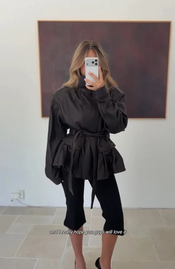 Women's Black Belted Faux Leather Jacket High Neck Long Sleeve Waist Belt Autumn Winter Peplum Jackets 2026 Street Outerwear