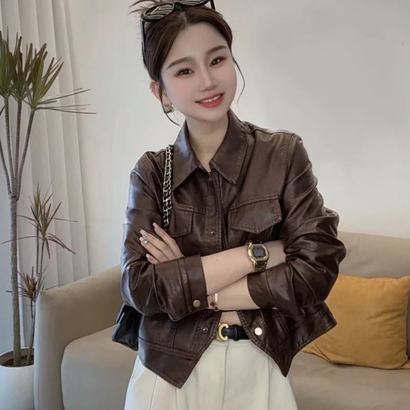 Women Autumn Winter Casual Faux Leather Biker Jacket Lapel Collar Loose Short Pu Coat Versatile Outerwear