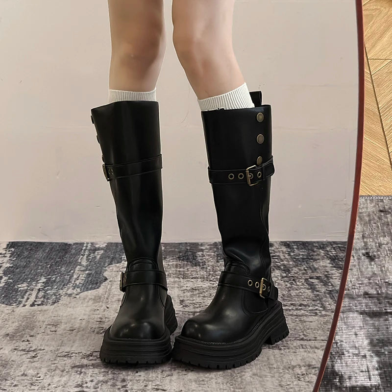 Winter Vintage Platform Thick Sole Woman Knight High Boots Concise Belt Buckle Front zipper Shoes Ladies Slim Modern Long Botas
