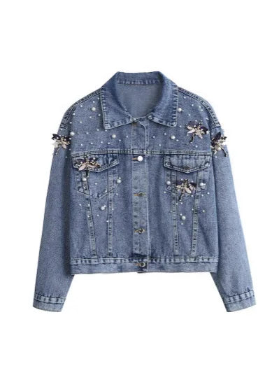 Women Denim Coat Single Breasted Turn Down Collar Distressed Dragonfly Beaded Jackets Vintage Washed Outerwear Streetwear