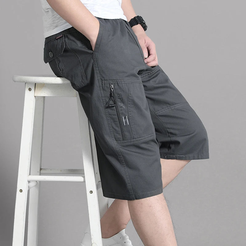 Zipper Pocket Workwear Shorts Mens Knee Cargo Pants 2026 Summer Cotton Shorts Men Climbing Jogger Elastic Waist Sports Work Wear