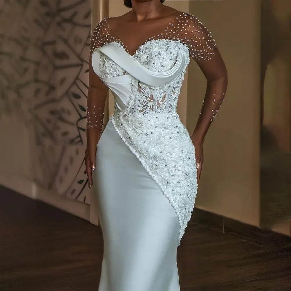 Customized Luxury Beads Lace Wedding Dresses Sheer Long Sleeves Mermaid V Neck Sweep Train Civil Wedding Dress for Bride Vestido