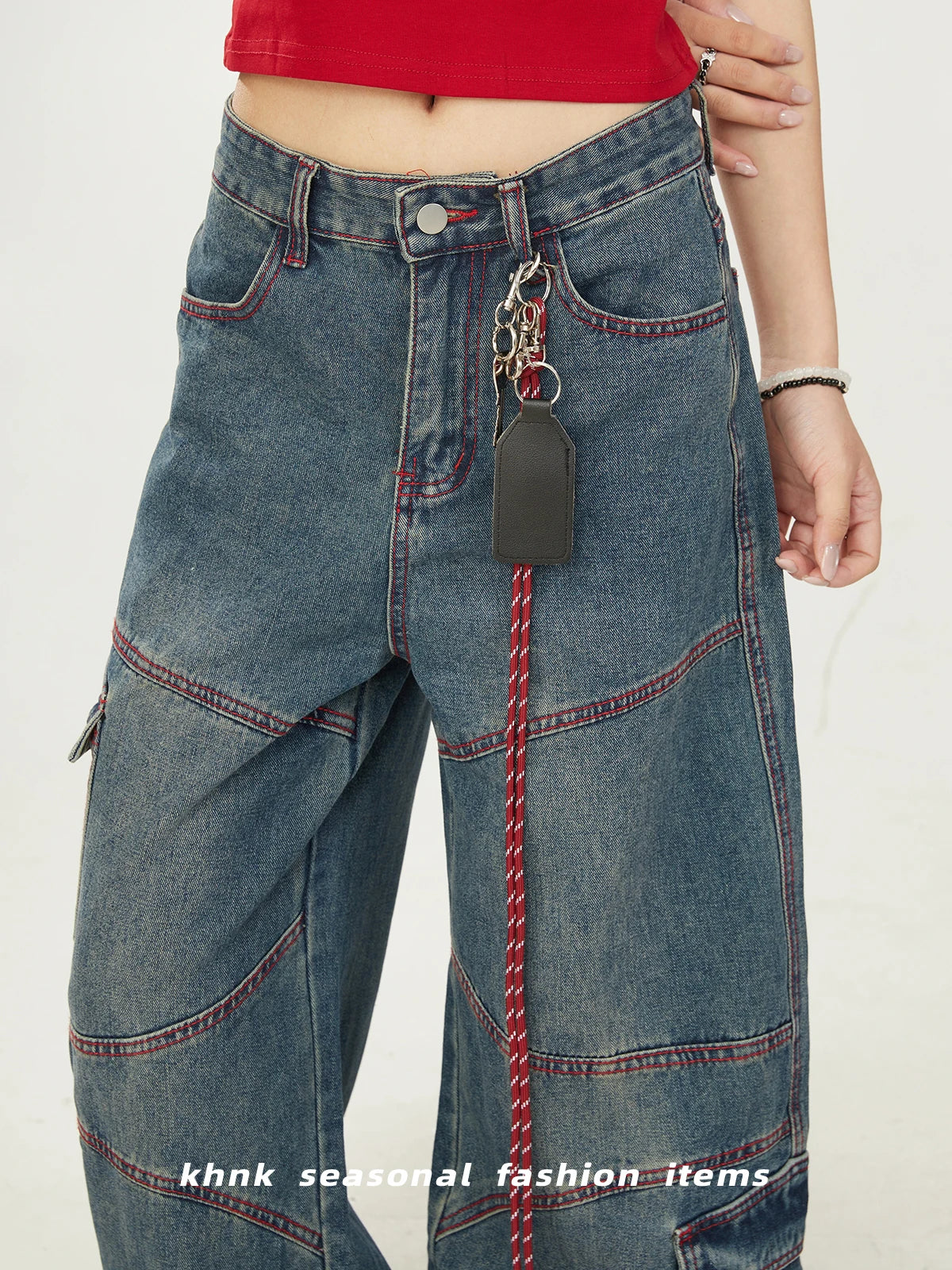 Washed Vintage American High Street Loose Women's Jeans with Patchwork And Stitching Design Casual Wide Leg Workwear Trousers