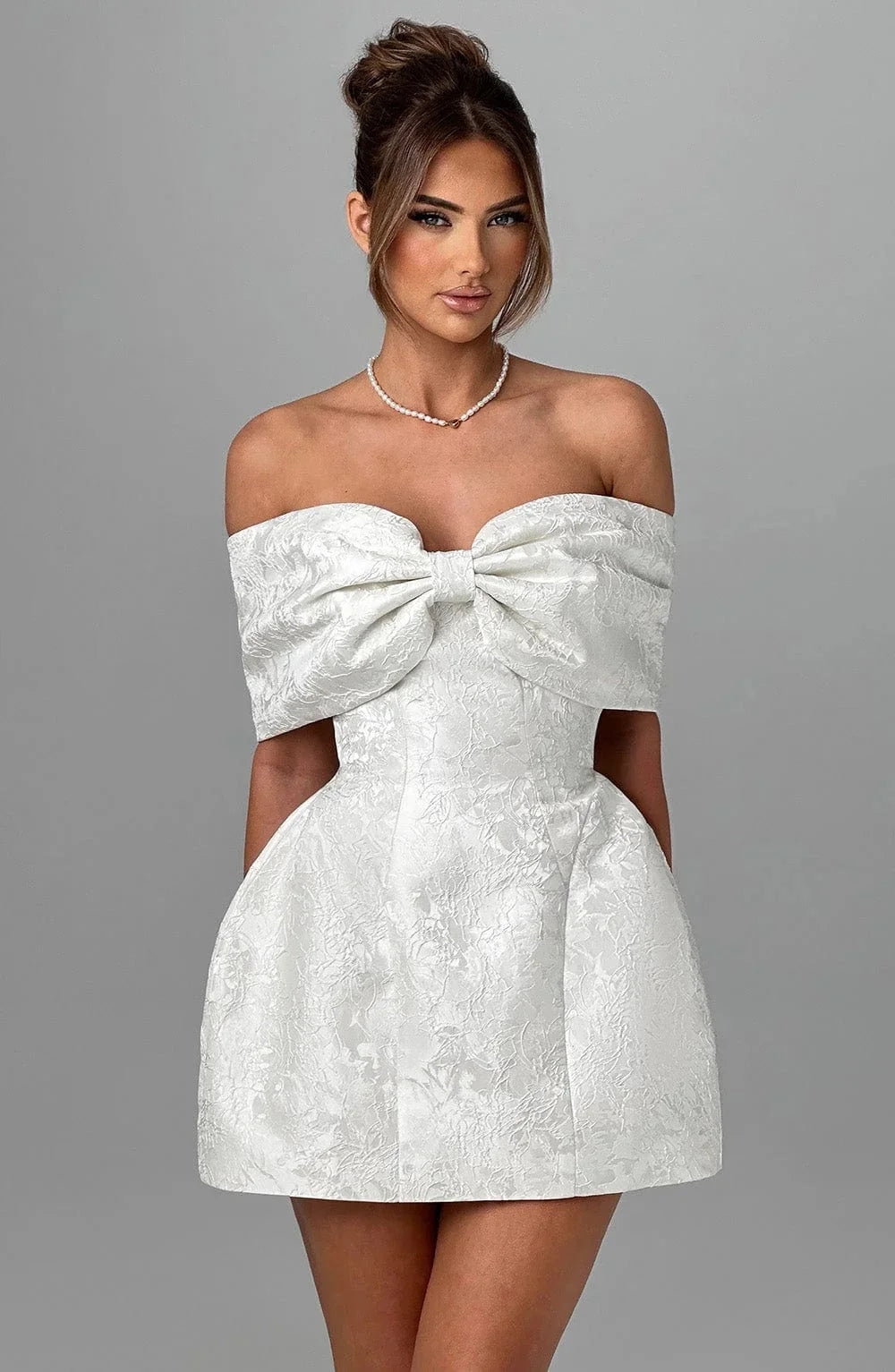 Pink Big Bow Jacquard Prom Dress Off Shoulder Women Formal Evening Gowns Fitted Mini Skirt For Wedding Cocktail Party