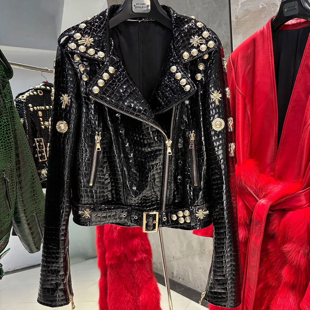 Women Stylish Gold Rivet Real Leather Jacket High Glossy Genuine Leather Asymmetrical Zip Biker Jacket