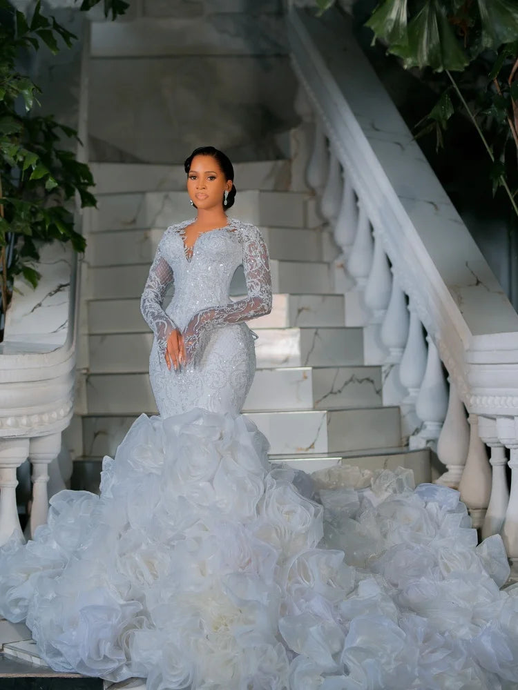 Luxury White Phantom Long Sleeve Mermaid Wedding Dress Lace Water Diamond 3D Rose Ruffle Ball Dress African Bridal Dress Custom