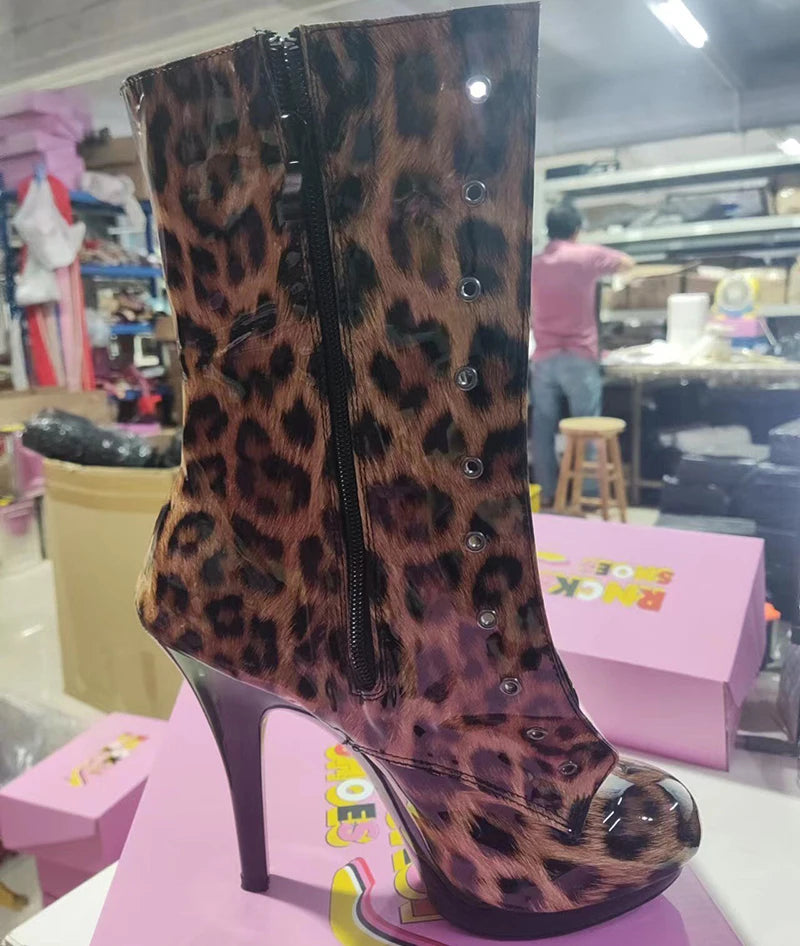Exotic 20 cm Leopard Print Gothic Stripper Heels Size 34-46 8Inch Platform Ankle Boots Strip Pole Dance Catwalk Round Toe Women