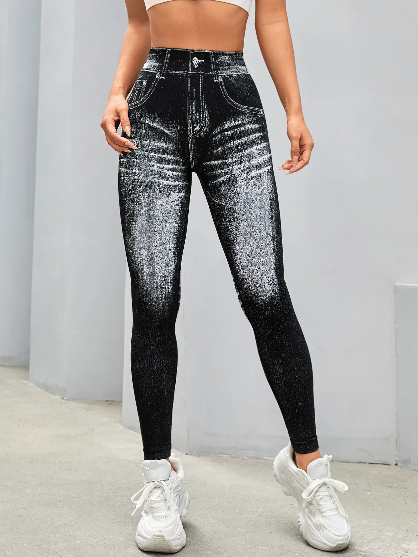Women V Back Gym Leggings Faux Denim Jeans  Athletic Workout Leggins Elastic Seamless Training Yoga Pants Sports Fitness Tights