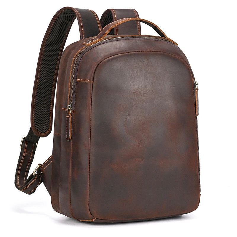 Luufan Men's Retro Crazy Horse Leather Backpack Brown Genuine Leather Rucksack Brown 14 Inch Laptop School Bag