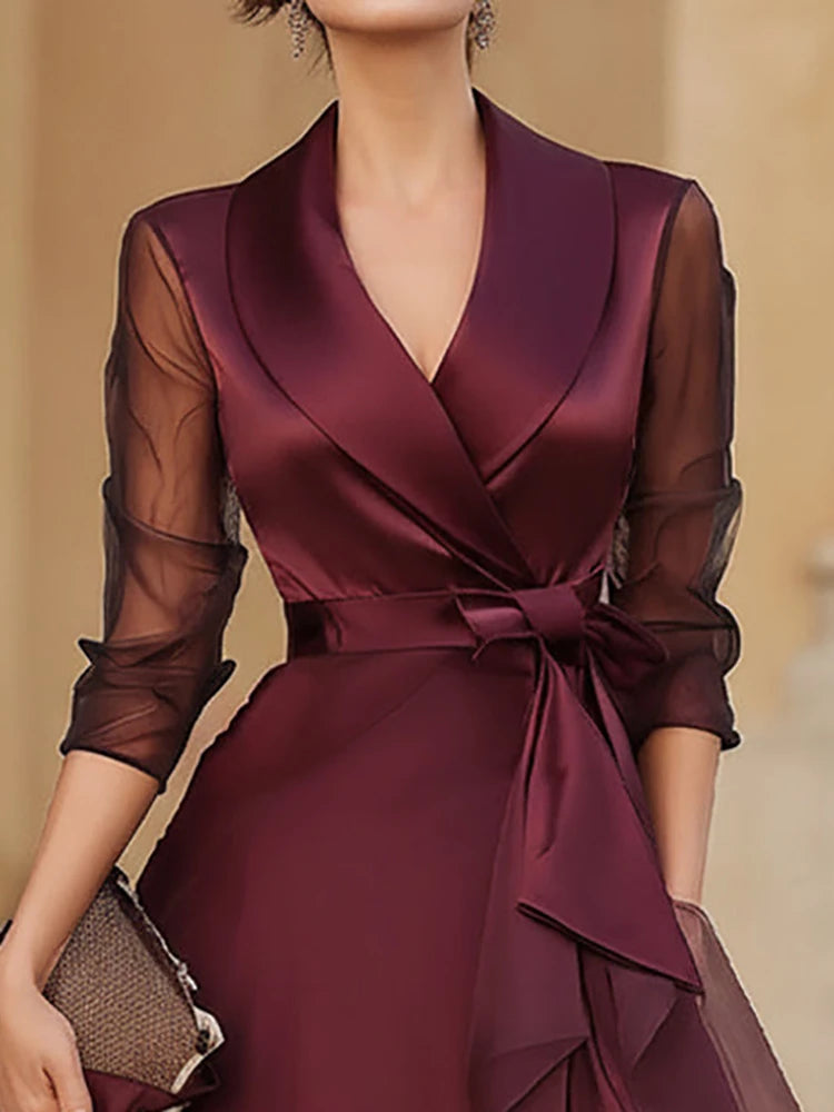 Spring Summer Mesh Patchwork Simple Maxi Dress Women V Neck Three Quarter Sleeve Chic Lace-Up Holiday Streetwear Dress Vestidos