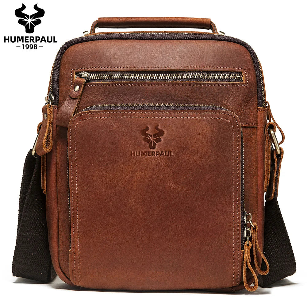 HUMERPAUL Men's Cowhide Shoulder Bag Casual Crossbody Bags Full Grain Leather Multifunctional Ipad Messenger Handbag Quality