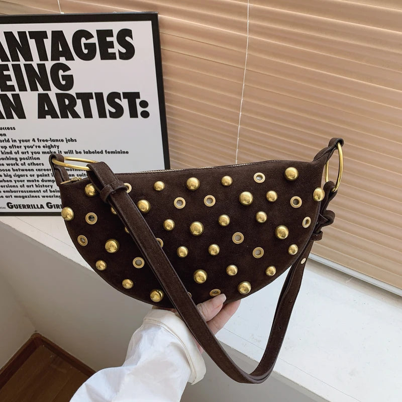 MOODS Branded Half-moon Shoulder Bags For Women Faux Suede Rivets Decor Crossbody Hobo Bags 2025 Latest Designer Handbags Luxury