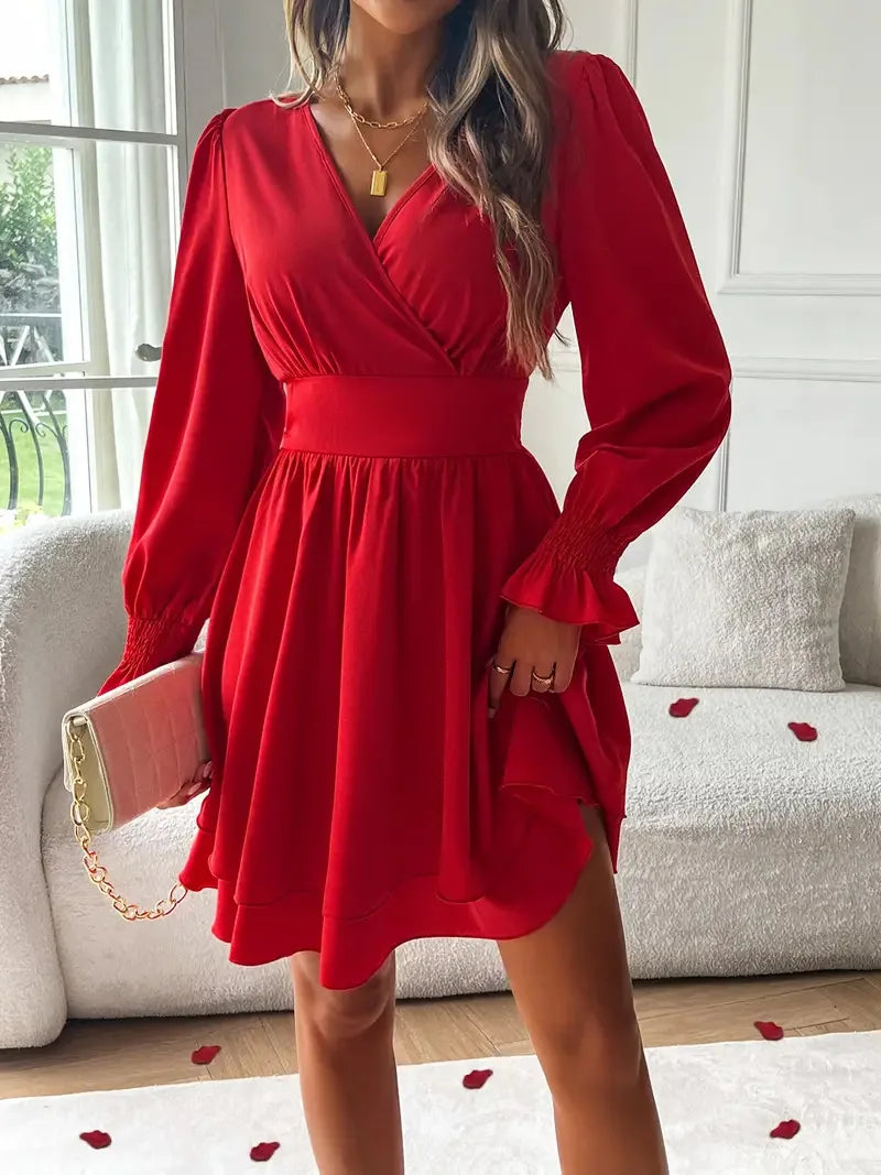 Dresses 2025 Woman Clothing V Neck Lantern Sleeve Wrap Mini Dress Ruched High Waist Elegant For Autumn Party Dress Vestidos