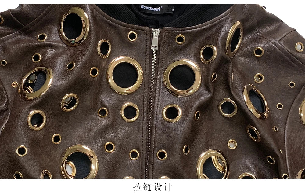 Nerazzurri Autumn Oversized Hollow Out Gold Pu Leather Jacket Men with Hood Hole Luxury Fake 2 Pieces Emo Menswear Clothing 2025